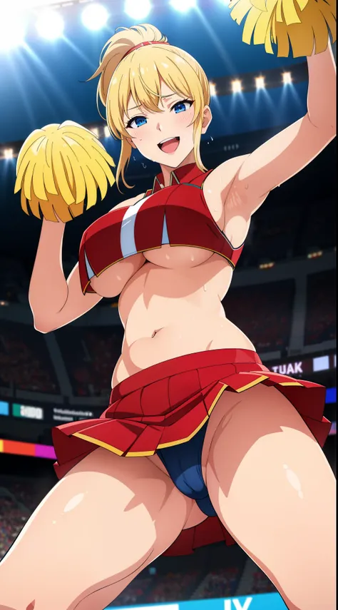 (best quality:1.5, highres, UHD, 4K, detailed lighting, shaders, perfect anatomy), blonde ponytail, large breasts, cheerleader outfit, belly, armpits, hands up, (skirt lift, crotch), smiling, open mouth, sweaty:1.5, stadium background, sexy, erotic, lewd, ...