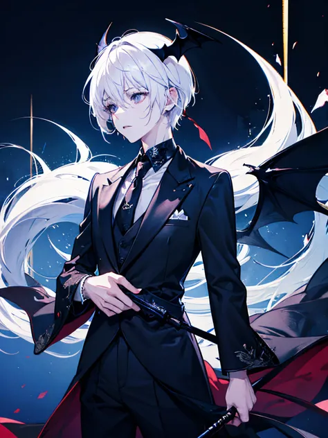 incubus、white  hair、suits、neck tie、Black horned、Black bat wings and tail、Glossy look、Dark fantasy background