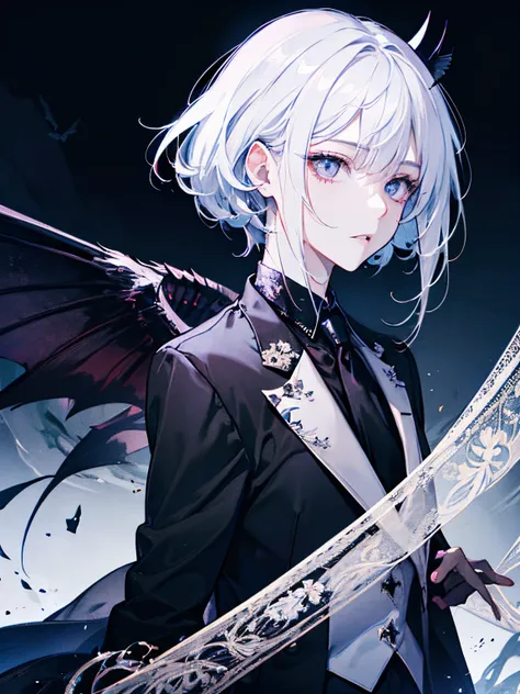 incubus、white  hair、suits、neck tie、Black horned、Black bat wings and tail、Glossy look、Dark fantasy background