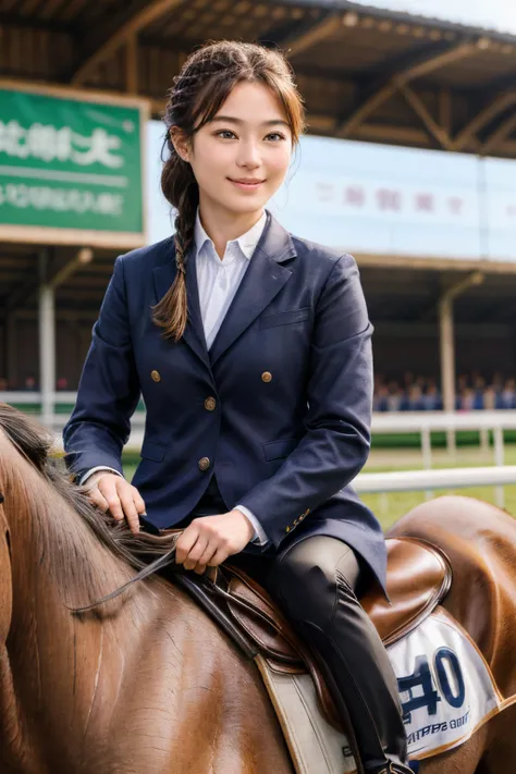 100
(a 20 yo woman,Riding a horse), (A hyper-realistic), (high-level image quality), ((beautiful hairstyle 46)), (Gentle smile), (Keep your mouth shut), (Hakuba), (ride horse、horse racing、Equestrian competitions)