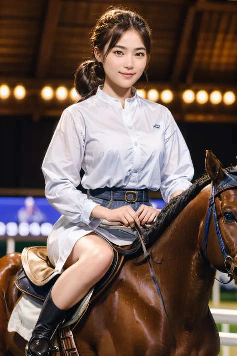 100
(a 20 yo woman,Riding a horse), (A hyper-realistic), (high-level image quality), ((beautiful hairstyle 46)), (Gentle smile), (Keep your mouth shut), (Hakuba), (ride horse、horse racing、Equestrian competitions)