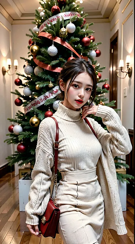 The image depicts a woman standing next to a Christmas tree. She is wearing a red turtleneck sweater and a white long skirt, It is complemented by a dark coat and a small dark handbag. Her style is chic and seasonal, Perfect for the holiday atmosphere. The...