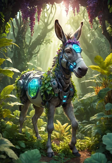 Futuristic ethereal donkey，sci-fi donkey，future donkey，Futuristic jungle background，tmasterpiece，（Very detailed CG unified 8k wallpaper），（Best quality），（Best Best Illustration），（The best shadow），The background is a forest theme，With natural elements，flower...