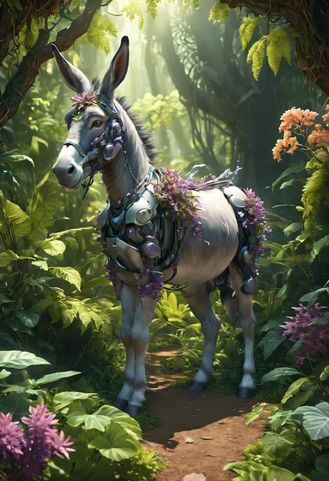 Futuristic ethereal donkey，sci-fi donkey，future donkey，Futuristic jungle background，tmasterpiece，（Very detailed CG unified 8k wallpaper），（Best quality），（Best Best Illustration），（The best shadow），The background is a forest theme，With natural elements，flower...