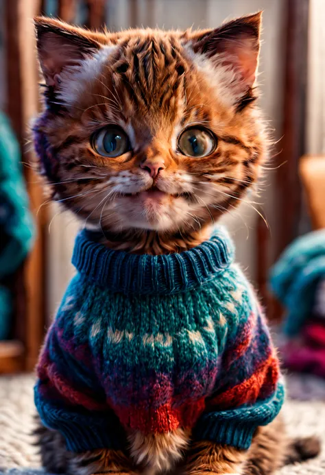 cut little kitty, portrait, smile, wears sweater, abstract beauty, at centre, facing at the camera, nearing perfection, dynamic, The is very detailed, smooth private parts, Focus sharp, 8K