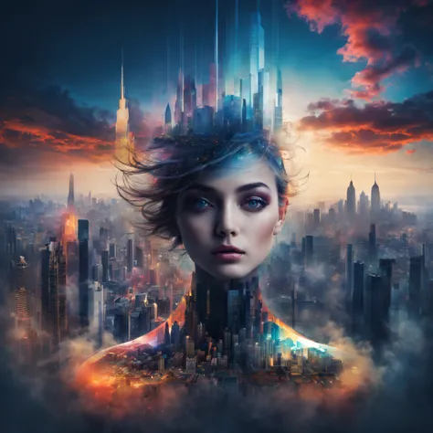 （best qualityer，4k，8k，Tall structures，tmasterpiece：1.2），Doubleexposure，beatiful detailed eyes，City silhouette，view over city，Vibrant colors，stunning art，mesmerizing mixed images，Stylish and sophisticated portrait，surreal atmosphere，Unique artistic composit...