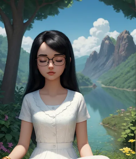 proffesional super good quality Disney Pixar poster with the words "SABRINA" a girl with black hair wearing glasses and neat clothes closing her eyes meditating in nature peacefully, 3D Animation, angels around