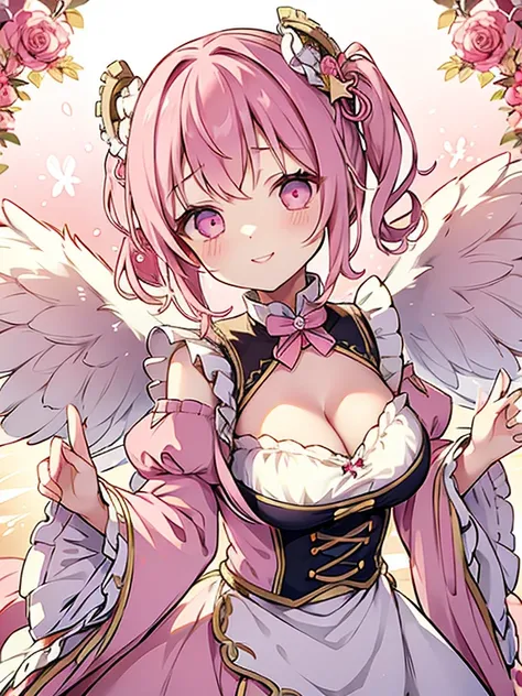 1 woman、爆乳、cleavage of the breast、Pale pink hair studded with stars、Long Lace Bale、Lolita clothes with lots of frills and ribbons、angel wings encrusted with jewels、A smile