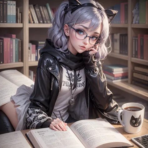 Une e-girl aux cheveux longs et blancs qui programme sur un Mac, avec un chat noir, des lunettes et une plante, in a manga style with a bibliothèque --auto --s2