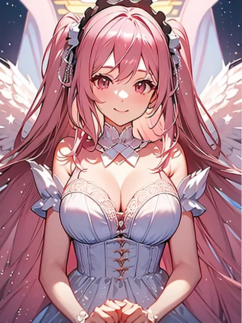 1 woman、爆乳、cleavage of the breast、Pale pink hair studded with stars、Long Lace Bale、Lolita clothes with lots of frills and ribbons、angel wings encrusted with jewels、A smile