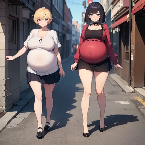 2 women of different sizes walking hand in hand on the busy street during the day,((a woman with a huge penis is completely naked and pregnant,((a thin woman in a very short skirt and very short blouse)),Different types of hair , different body,