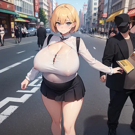 1 woman,1 woman walking hand in hand on the busy street during the day,((a woman with huge breasts is completely naked and pregnant,((a thin woman with a very short skirt and a very short blouse)),Different types of hair, different body,