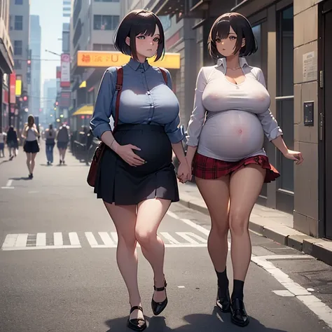 1 woman,1 woman walking hand in hand on the busy street during the day,((a woman with huge breasts is completely naked and pregnant,((a thin woman with a very short skirt and a very short blouse)),Different types of hair, different body,