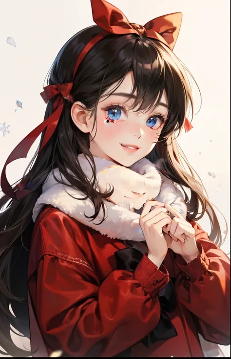 girl with、Background white、without background、A dark-haired、The long-haired、Contrasting bangs、bow ribbon、Lolita Fashion、with blush cheeks、Smiling、Red muffler、Wrapping a muffler around the neck、Winter clothes、kawaii、without background