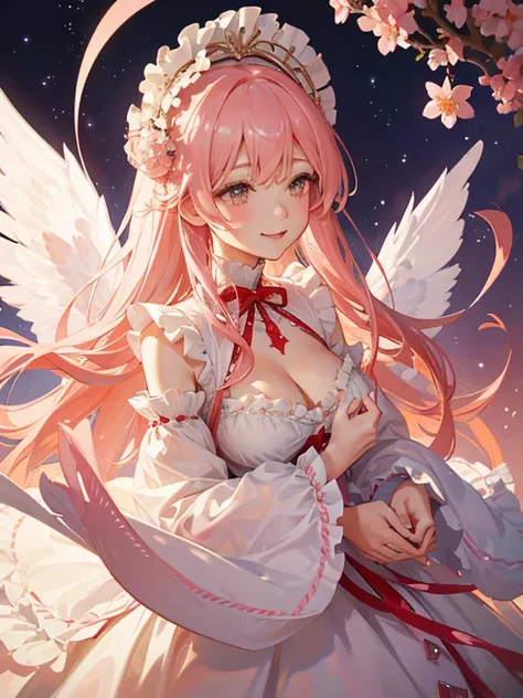 1 woman、爆乳、cleavage of the breast、Pale pink hair studded with stars、Long Lace Bale、Lolita clothes with lots of frills and ribbons、angel wings encrusted with jewels、A smile