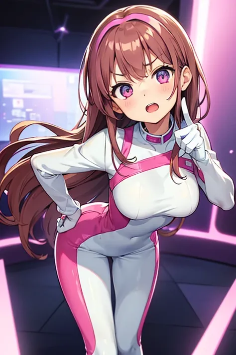 (leaning forward, 1 girl, looking at viewer, from front, facing straight at viewer, angry, index finger pointing, hand on hips, pink and light blue and white clothes, futuristic space suit, inside punishment room), focus face and finger, shiny slim fit sim...