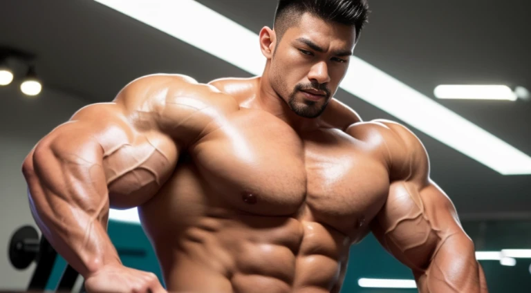 (Very detailed 8k wallpaper), Strong Asian Men, At the gym, high detailing, buzzcut, very large and strong body, bulging muscles, well-muscled, very large pectoral muscles. Very sexy abs, legs are muscular, Toned figure, lightens oily skin, muscular, Tank ...