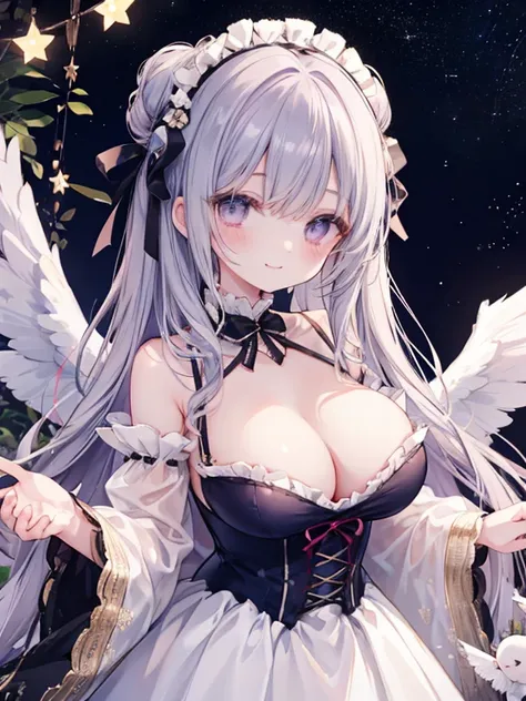 1 woman、爆乳、cleavage of the breast、Pale night sky hair studded with stars、Long Lace Bale、Lolita clothes with lots of frills and ribbons、angel wings encrusted with jewels、A smile