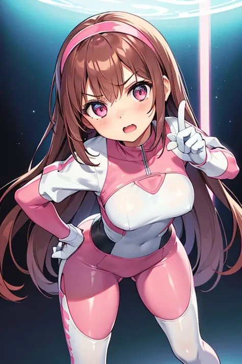 (leaning forward, 1 girl, looking at viewer, from front, facing straight at viewer, angry, index finger pointing, hand on hips, pink and light blue and white clothes, futuristic space suit, inside punishment room), focus face and finger, shiny slim fit sim...