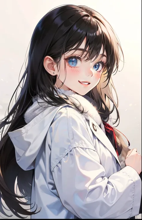 girl with、Background white、without background、A dark-haired、The long-haired、Contrasting bangs、Wearing a white coat、Wearing a white muffler、Winter clothes、with blush cheeks、Smiling、kawaii、without background