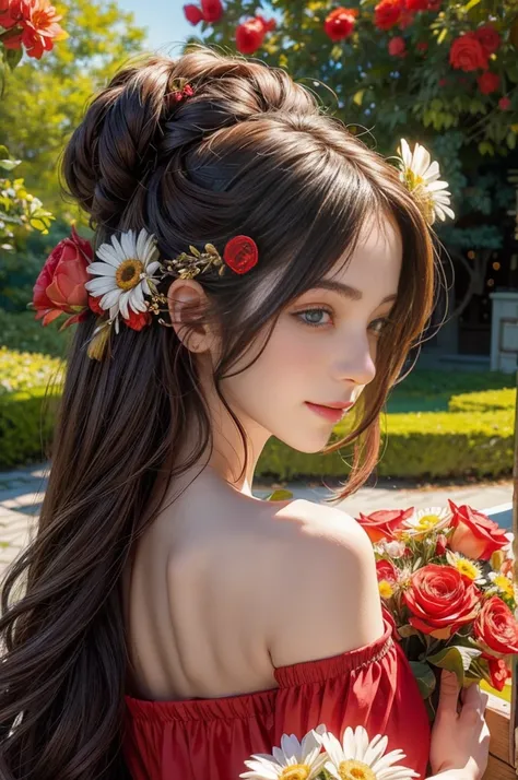 Wearing a bright red dress，Bring out her fair complexion, Standing gracefully in front of a flowery garden, Double exposure effect creates an ethereal atmosphere，bathed in the warm glow of the sun. The garden was full of colorful flowers, Including roses, ...