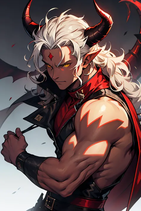 The Man with the Gray Skin, demon, A devil with horns and curls that grow out of his forehead, red skin, Yellow eyes, tiefling, Devils Tail.