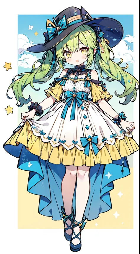 full body Esbian、Standing picture、One girl、​masterpiece、top-quality、Top image quality、Yellow-green hair、yellow  eyes、Twin-tailed、low twintails、summer hat、a wide-brimmed hat、summer  dress、White summer dress、ren、Summer background