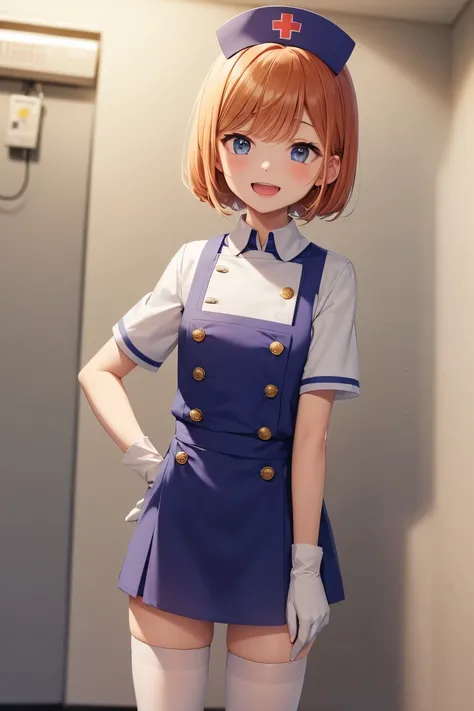 1girl, solo, nurse, nurse cap, white wear, ((white legwear, zettai ryouiki)), white gloves, very short hair, orange hair, smile, open mouth, standing, ((hospital room)), sharp outline, short sleeves, tomboy, boyish, best quality, masterpiece