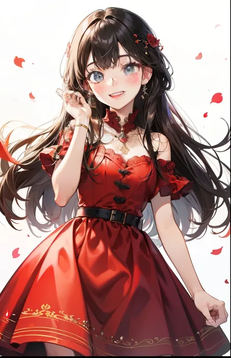 girl with、Background white、without background、A dark-haired、The long-haired、Contrasting bangs、fancy red dress、kirakira、with blush cheeks、Smiling、kawaii、without background