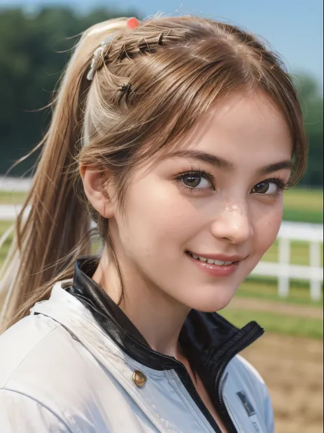 101
(a 20 yo woman,Riding on a white horse), (A hyper-realistic), (high-level image quality), ((beautiful hairstyle 46)), (I have my hair in a ponytail), (Gentle smile), (Keep your mouth shut), (ride horse、horse racing、Equestrian competitions)