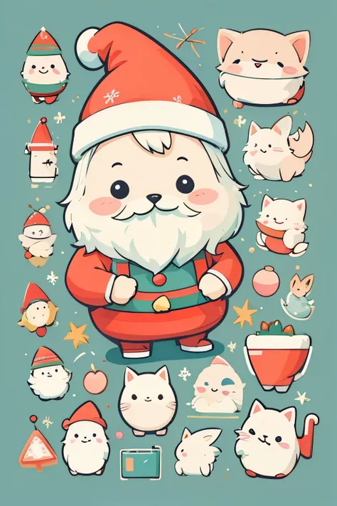 Group of cute christmas santa animal, watercolor painting, Simple background, Minimal, Cute, Tiny, pastel color, Vector style, handbook, separate image.