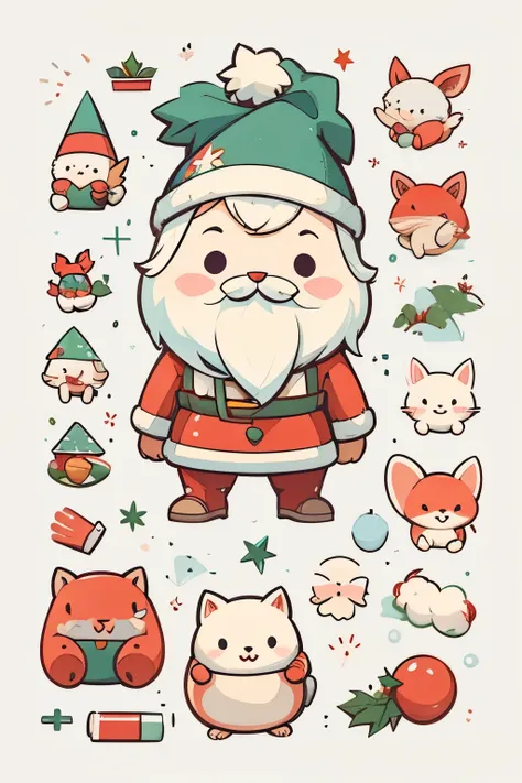 Group of cute christmas santa animal, watercolor painting, Simple background, Minimal, Cute, Tiny, pastel color, Vector style, handbook, separate image.