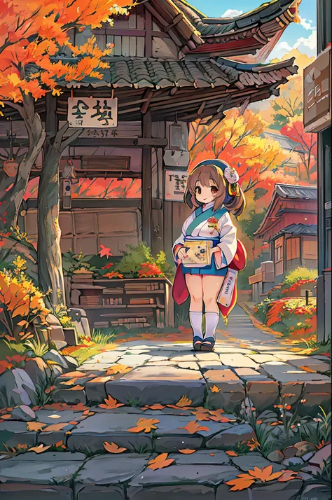 huge-breasted、kawaii、8 years old girl、A big smile、bbw、thick thight、big butts、Ultramammy,Chibi, autumn day,kaede、 Pines, Anime Background Art, japanese art style, beautiful anime scene, detailed scenery - width 672, Background art, Anime landscapes, Anime B...