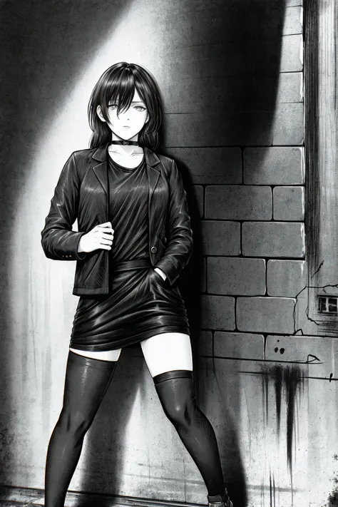 best quality, intricate details, lineart, monochrome,

1girl, long hair, black hair, messy hair, hair over one eye, sharp eyes, 

choker, shirt, torn legwear, open jacket, 

against wall, brick wall, graffiti, full lighting, alley