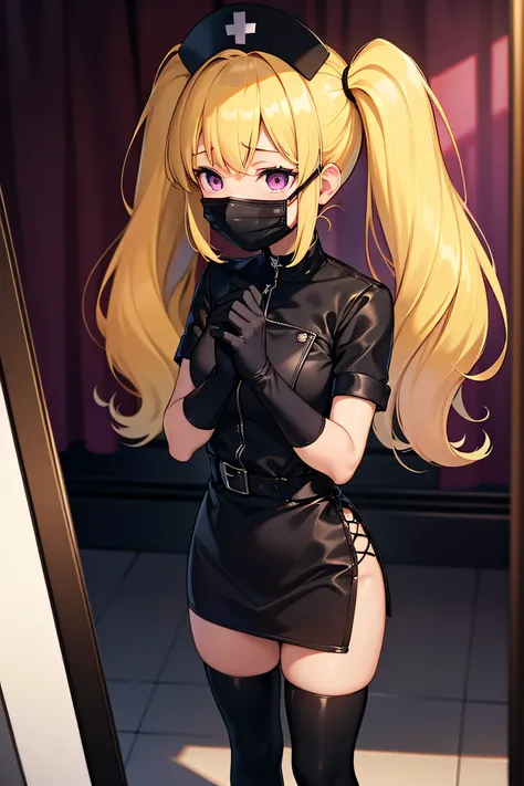 black nurse, 1girl, solo, black nurse cap, black wear, ((black legwear, zettai ryouiki)), black elbow gloves, twintails, yellow hair, purple eyes, ((black surgical mask, covered nose)), standing, ((surgery room)), sharp outline, short sleeves, best quality...