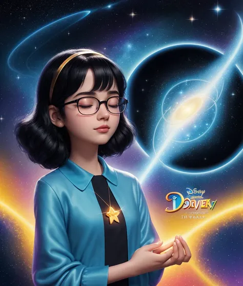 proffesional super good quality Disney Pixar poster with the words "SABRINA" a girl with black hair wearing glasses and neat clothes closing her eyes meditating in peacefully, galactic backgound, colorfull blue aura, 3D Animation, golden sparkling light