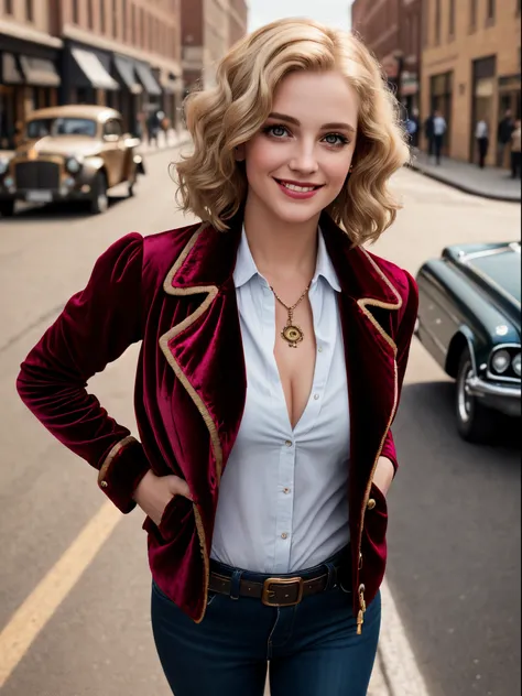 Realistic, Photorealistic, high quality,  raw photo, depth of field, 35mm, film grain,  analog photo style, isometric, bottom view, beautiful woman, (standing on steam urban street), short golden hair, (realistic steampunk velvet azure military jacket unbu...