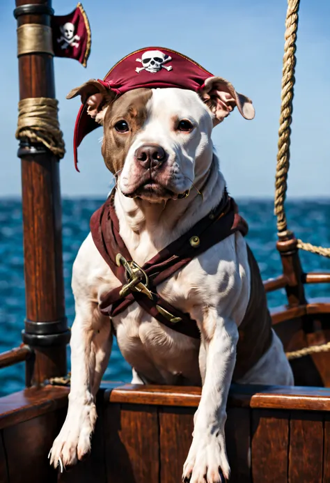 pirate pitbull, on a pirate boat, on the sea