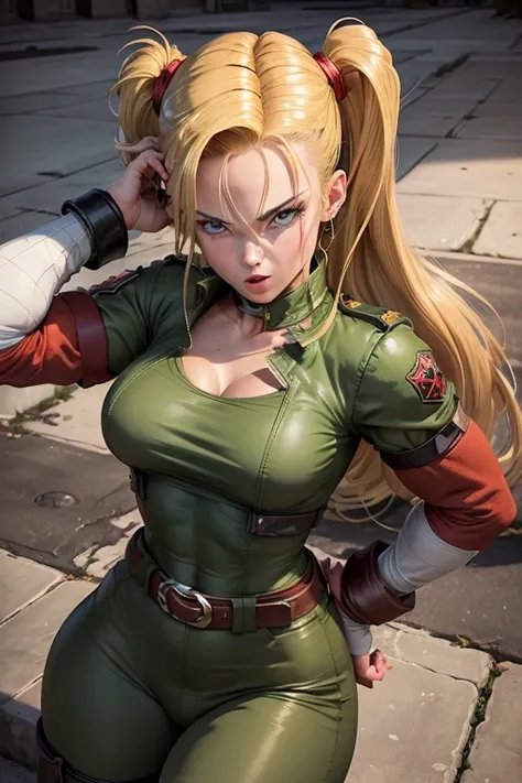 Android 18 como a cammy, ((Cammy from the street fighter series))(ela tem grandes olhos brilhantes)(glossy and red lips) (loiro cabelo curto) (Dark shadows compose)((seios grandes)) (Corpo fino perfeito) (veste malha verde escura, Manoplas vermelhas, boina...