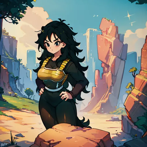 1girl, solo, Long black hair, wavy Saiyan tail, cleavage, curvy, standing with hands on hips, looking at viewer