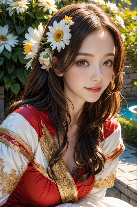 Wearing a bright red dress，Bring out her fair complexion, Standing gracefully in front of a flowery garden,Front Shooting， Double exposure effect creates an ethereal atmosphere，bathed in the warm glow of the sun. The garden was full of colorful flowers, In...