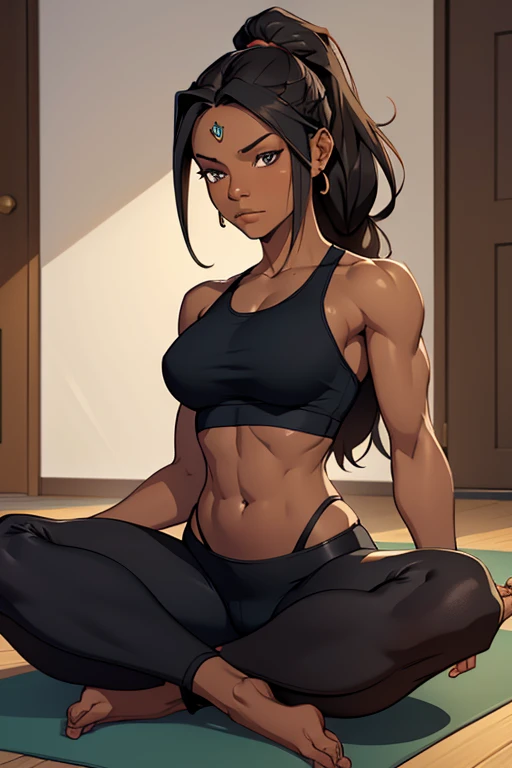 A beautiful blindfolded black woman with dark hair in cornrows, wearing a sportsbra and yogapants, barefoot, bare midriff, sitting in a lotos pose and meditating blindfolded, serene facial expression.