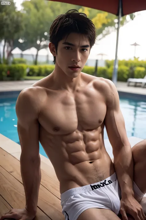 Arafade boy in hip white boxer shorts, full-body-shot, Quiv haircut, look at camera, Facial details, manly, Charmers, masculine, penis, Pool Background, sexy pose, Manaice Sex, perfect anatomy, Symmetrical body, 19-year-old Asian boy, Shirtless :: high-det...