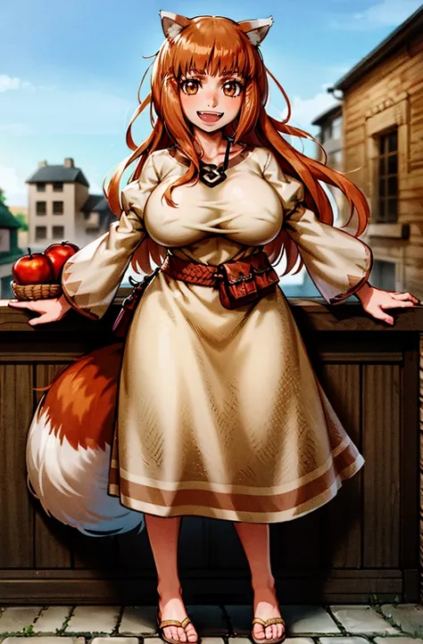 (holo:1.5), (holoBrownDress:1.5), masterpiece, best quality, absurdres, 1girl, looking at viewer, standing, cowboy shot, outdoors, medieval, cobblestone street, town, pouch, sash, smile, fruit, apple, basket,huge breast, curvy, silver hair, white hair, ful...