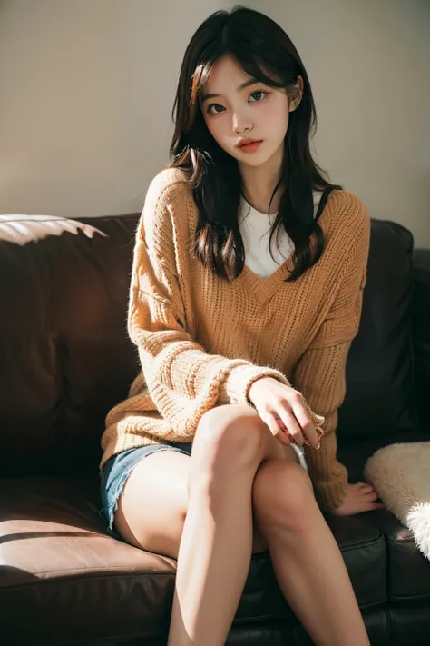 1girl,sitting on a cozy couch,crossing legs,soft light, ulzzang -6500-v1.1