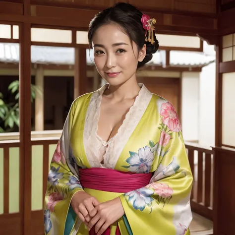 ((Best Quality, masutepiece, 超A high resolution、The most complex and detailed depictions、发光、Highly saturated、bright and highly saturated、vivid))、1人の女性、wearing a luxurious kimono、(((mournful、Sad smile、sad Facial expression、saddened、Looks like youre about to...