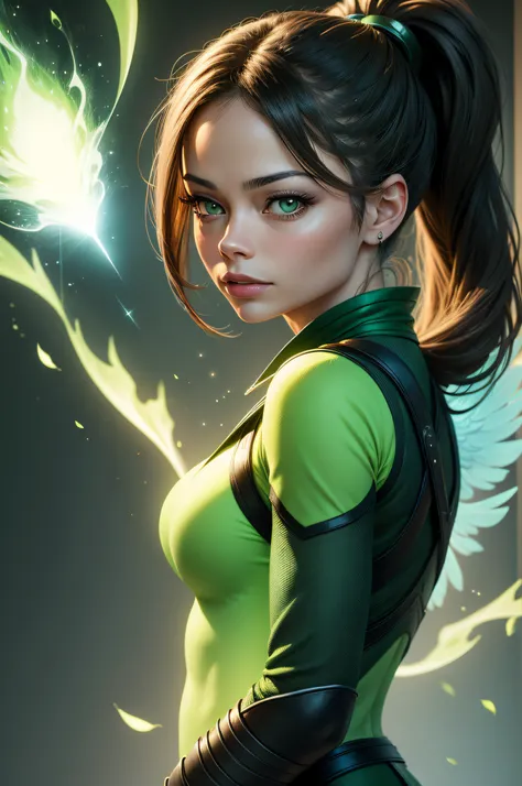 Kristin Kreuk with ponytail and green eyes as an Angel, cosmique, surreal, Very bright colors, Light particles, with bright light, very detailed, very high quality.