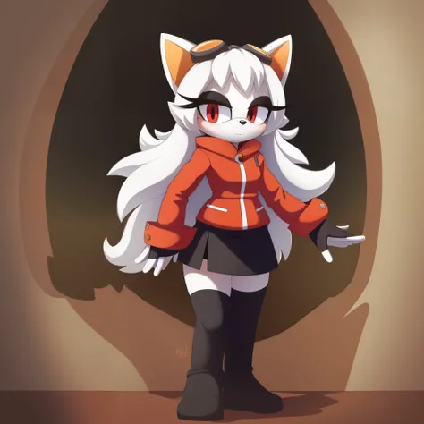 ((1girl)), ((solo)), female, mobian, fox, grayish white fur, furry, standing with crossed legs, one hand on hip, eggmaam outfit, eggmaam cosplay, skirt, thighhighs, gloves, red jacket, black thighhighs, white gloves, black skirt, goggles, ((long grayish wh...