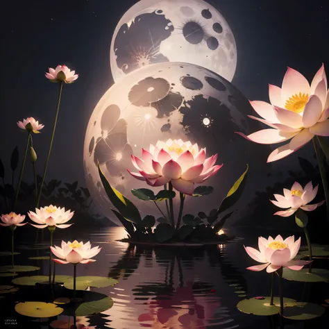 Lotus flowers under the moon