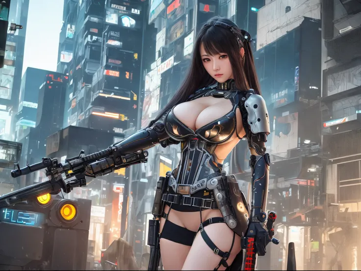 (8k, masterpiece, best quality), ultra-detailed, detailed beautiful round eyes, beautifully detailed face, high quality, high resolution, cyberpunk girl with katana wearing sexy outfit, massive breast, see-through dress, mecha, sleep, ruins